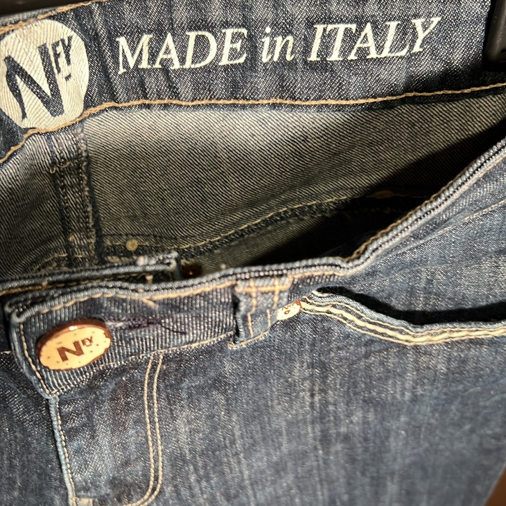 NFY 229 MADE IN ITALY, size 30, blue jean, white top, stitching, white buttons